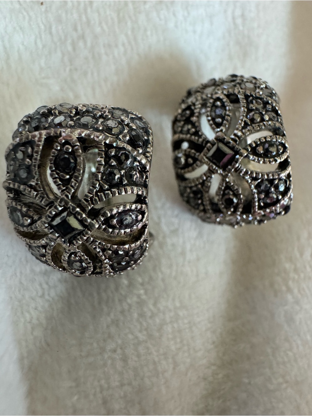 Vintage Ornate Black and Silver Filigree Statement clip Earrings